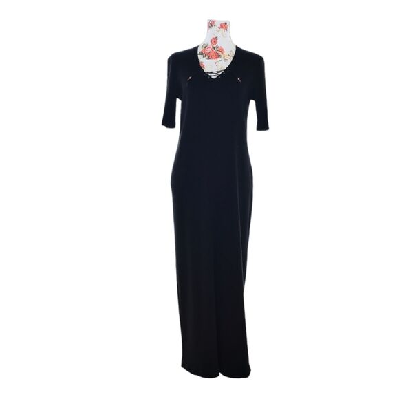 Vintage Ralph Lauren Sz M Jersey Knit V Neck Short Sleeve Maxi Dress Black Y2K - Picture 1 of 8